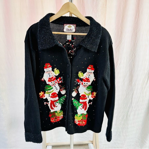 Vintage Y2K Tiara Intl Black Holiday Cardigan Sweater with Snowmen Size XL 2002 - Picture 1 of 9